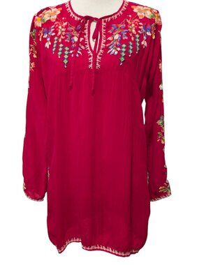 Johnny Was Womens Size M Red Rayon Embroidered Long Sleeve Boho Tunic Top Flaws